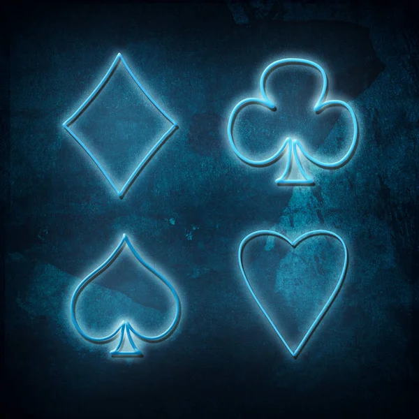 Clubs Diamonds Spades Hearts Neon Icons Suit Grunge Blue Background — 스톡 사진