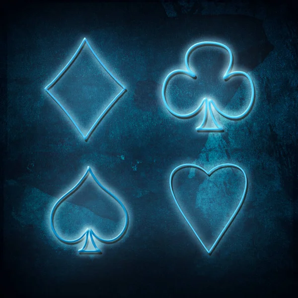 Sinekler, Elmaslar, Maçalar, Kupalar, neon ikonlar, grunge mavisi arka planda takım elbise. Poker Blackjack Kumar Geçmişi