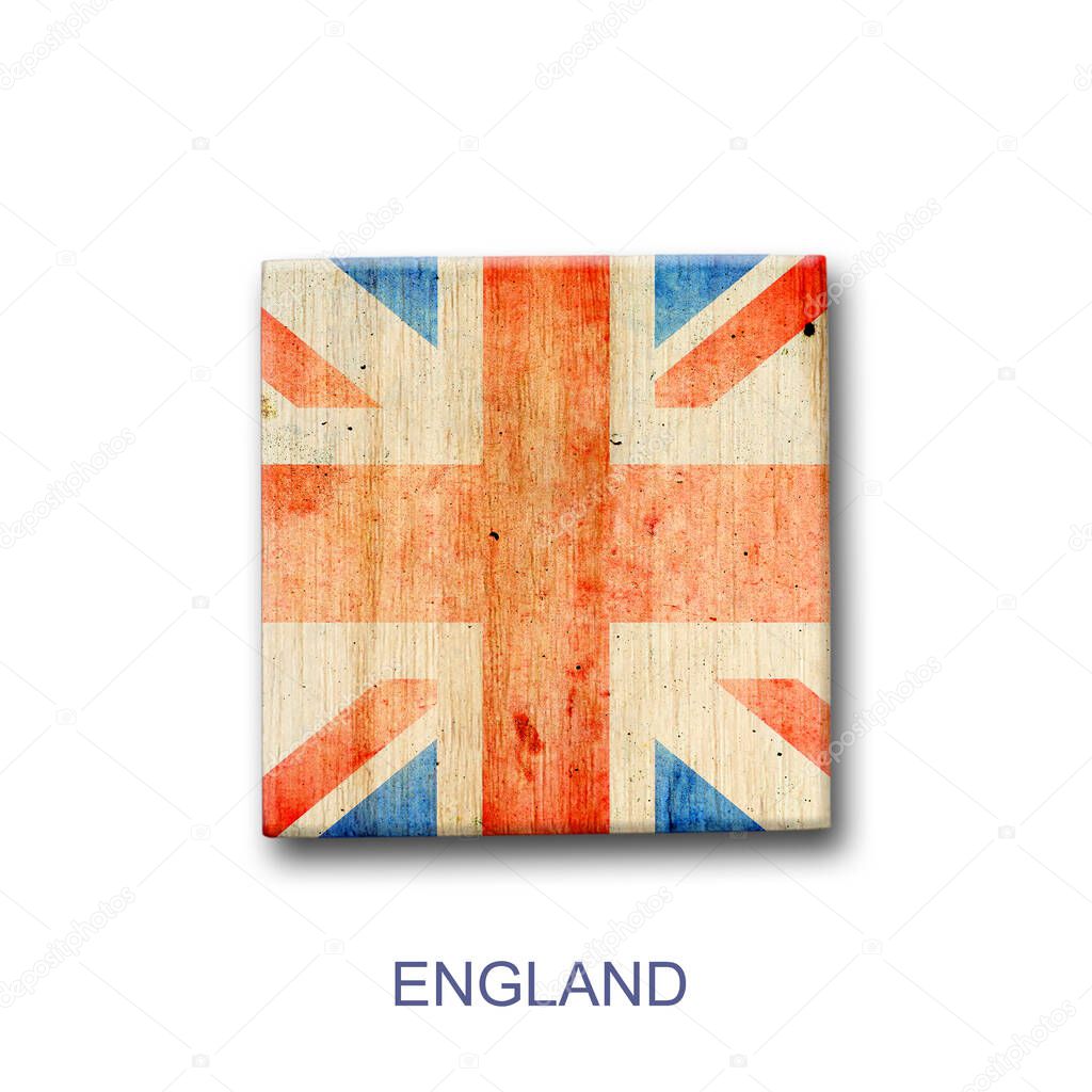 England flag on a wooden block. Isolated on white background. Signs and symbols. Flags.