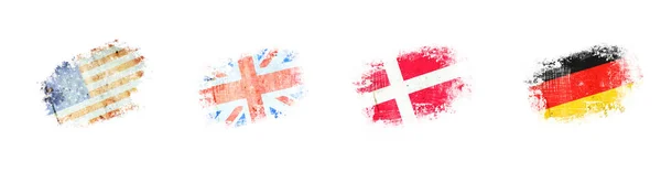 Гранж Флаги Америка Англия Дания Германия Изолированные Белом Фоне Знаки — стоковое фото