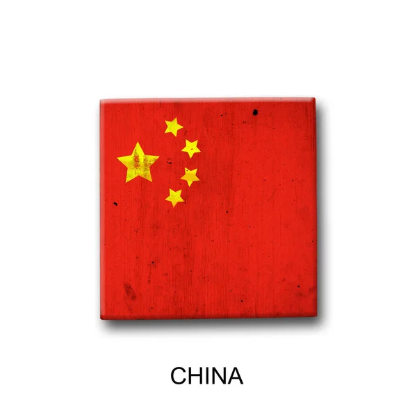 Китайский Флаг Деревянном Блоке Изолированный Белом Фоне Знаки Символы Флаги — стоковое фото