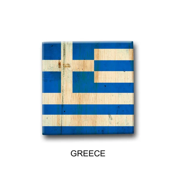 希腊国旗挂在一块木头上 被白色背景隔离 标志和符号 — 图库照片