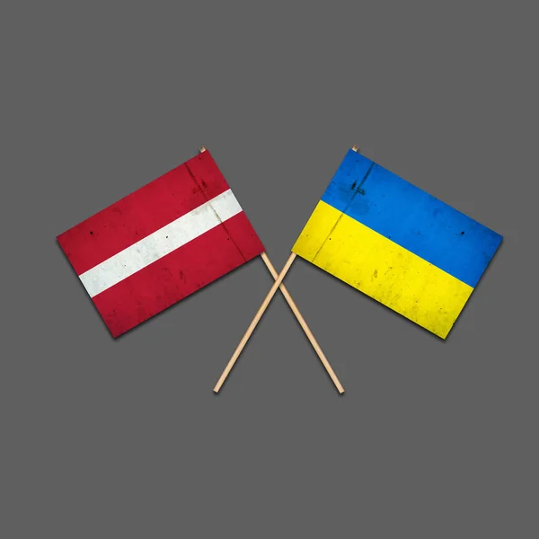 Flags Latvia Ukraine Wooden Sticks Isolated Gray Background International Political — Stock fotografie
