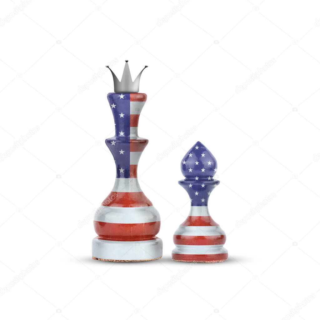 Chess Queen and pawn in the colors of the American Flag. Isolated on white background. Sport. Politics. Design object.