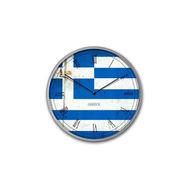 墙上的钟是希腊国旗的颜色 标志和符号 被白色的背景隔离了设计元素 — 图库照片