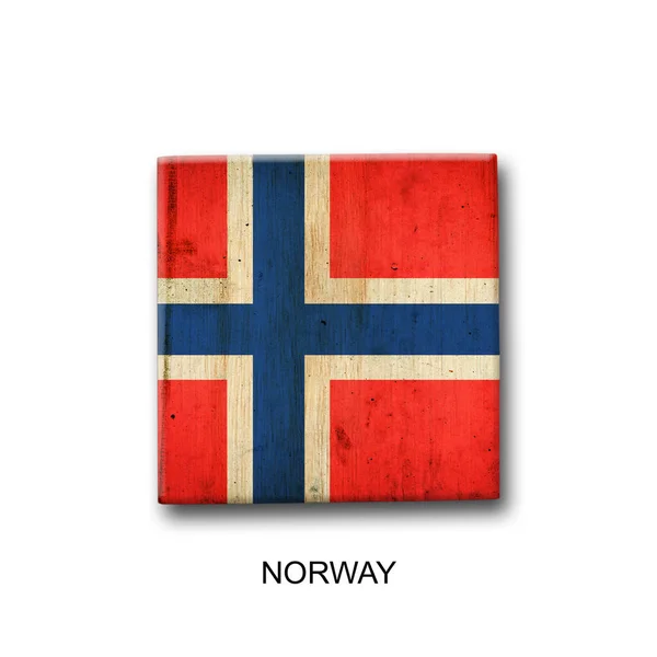 Flaga Norwegii Drewnianym Bloku Odizolowany Białym Tle Znaki Symbole Załącznik — Zdjęcie stockowe
