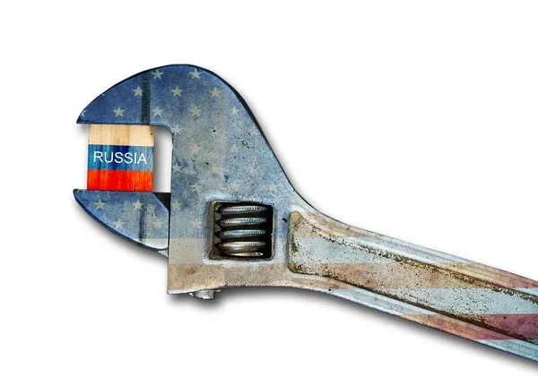 Flag Russia Wooden Block Clamped Wrench Colors American Flag Isolated — Stockfoto