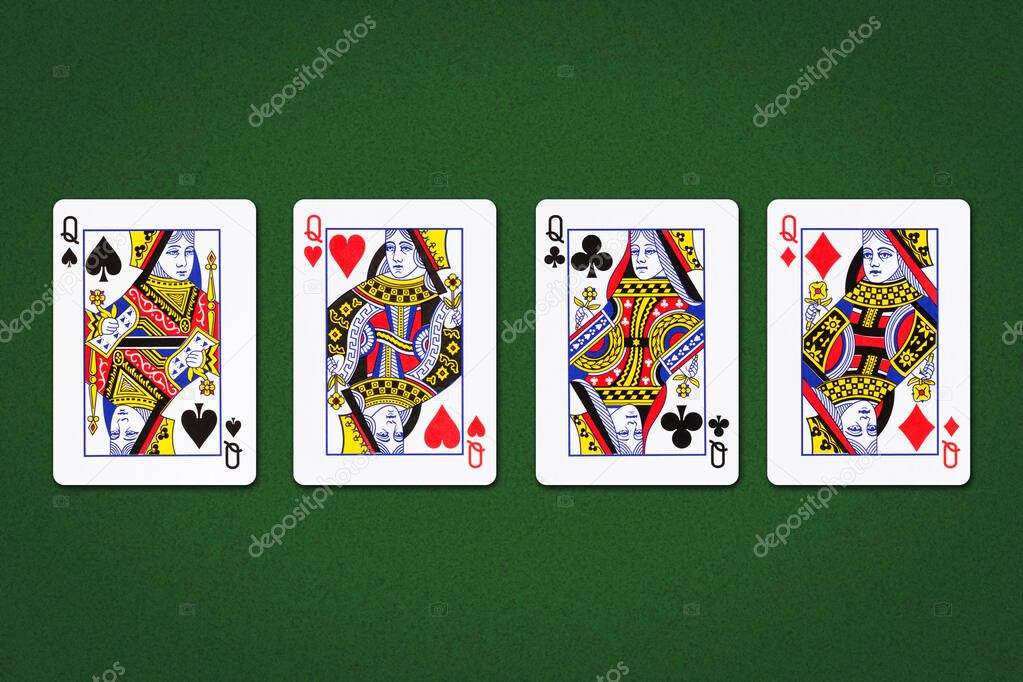 Four Queens, on a green background.Gaming Cards. Gambling Background