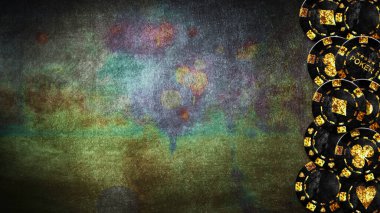 Grunge 'da eski model poker fişleri, yeşil masa. Üst Manzara. Uzayı kopyala. Kumar konsepti.