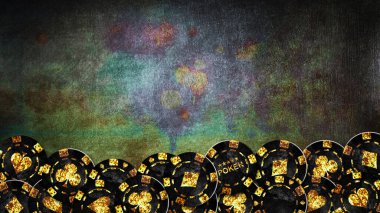 Grunge 'da eski model poker fişleri, yeşil masa. Üst Manzara. Uzayı kopyala. Kumar konsepti.