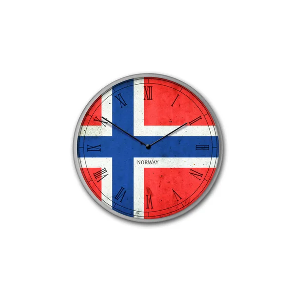 Zegar Ścienny Kolorze Norweskiej Flagi Znaki Symbole Odizolowany Białym Tle — Zdjęcie stockowe
