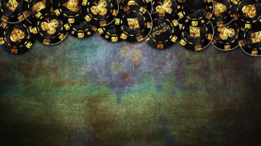 Grunge 'da eski model poker fişleri, yeşil masa. Üst Manzara. Uzayı kopyala. Kumar konsepti. Arkaplan.