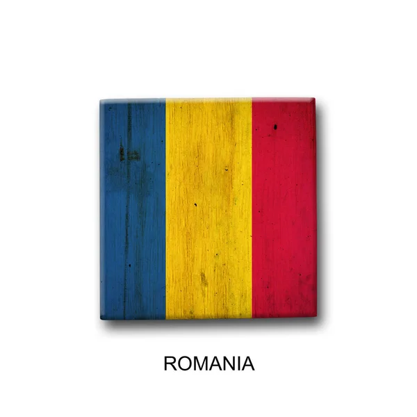 Bandeira Roménia Num Bloco Madeira Isolado Fundo Branco Sinais Símbolos — Fotografia de Stock