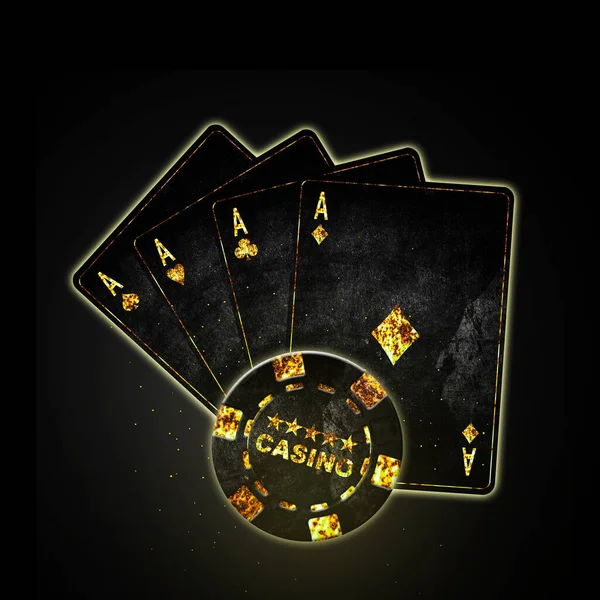 Four Ace Grunge Cards Poker Chips Black Background Copy Space — Stock Photo, Image