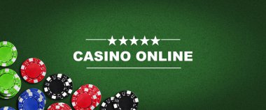 Konsept, Casino Online. Yeşil poker geçmişinde poker fişleri. Vignette. Kumar bayrağı. Kağıt oynuyorum. Arkaplan.