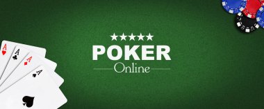 Konsept, Poker Online. Dört as ve yeşil poker geçmişinde poker fişleri. Vignette. Kumar bayrağı. Kağıt oynuyorum. Arkaplan.