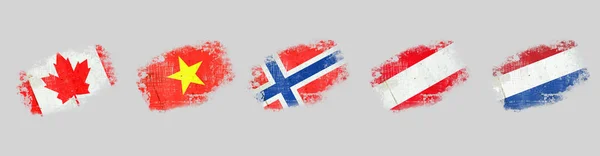 Grunge Zászlók Kanada Vietnámban Norvégiában Ausztriában Hollandiában Izolált Szürke Háttér — Stock Fotó