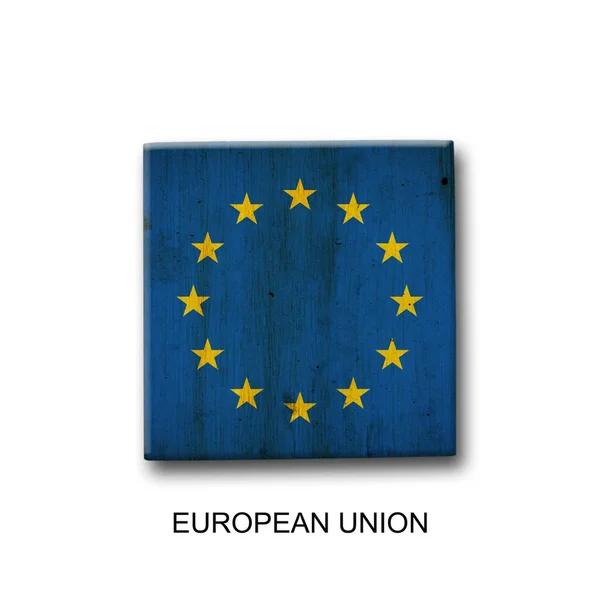Bandeira União Europeia Num Bloco Madeira Isolado Fundo Branco Sinais — Fotografia de Stock