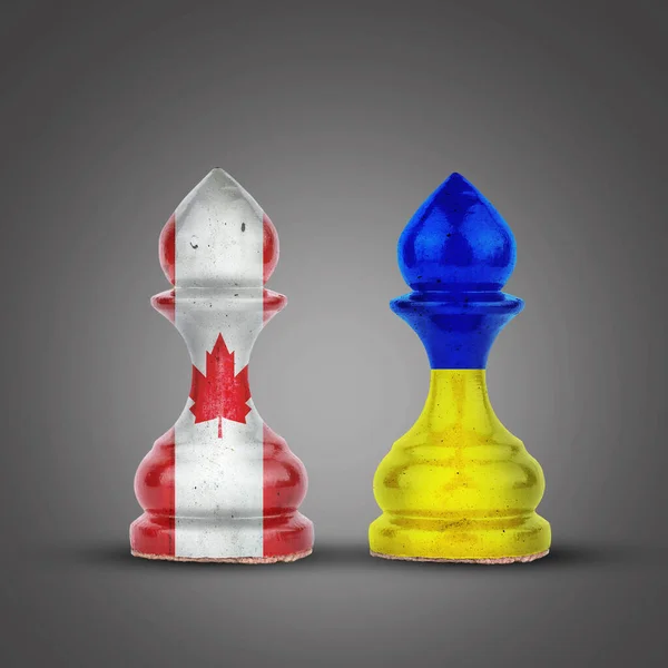 Pawns in the colors of the flag of Ukraine and Canada, on a gray background. Support, union, and interaction. Sport. Politics. Business. Strategy.