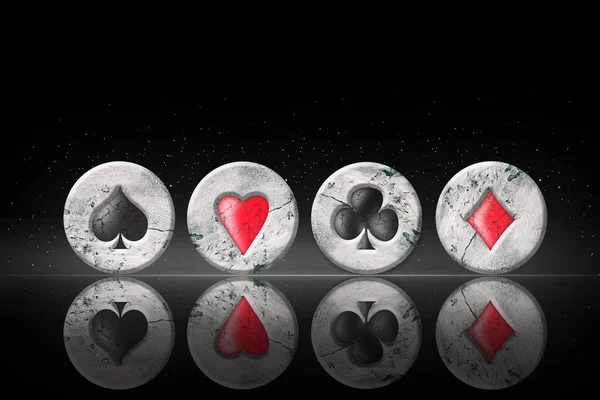 Schoppen Herats Diamanten Clubs Vintage Grunge Steen Poker Chips Een — Stockfoto