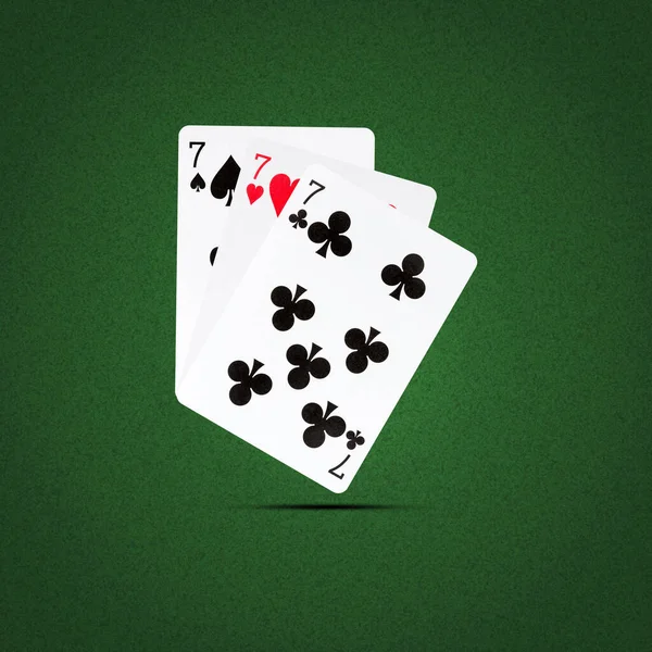 Three Sevens Playing Cards Green Background Copy Space Shadow Poker — Stock Photo, Image