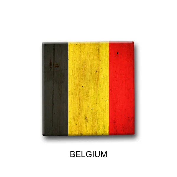 Bandeira Bélgica Num Bloco Madeira Isolado Fundo Branco Sinais Símbolos — Fotografia de Stock