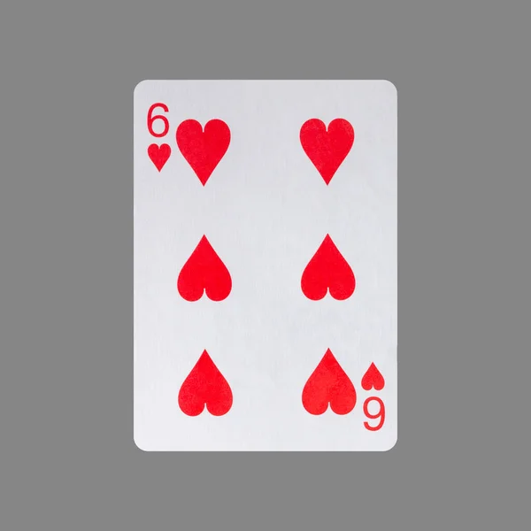Sechs Der Herzen Vereinzelt Auf Grauem Hintergrund Glücksspiel Spielkarten Karten — Stockfoto