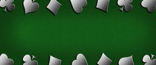 緑の背景に別のカードスーツ コピースペース テキスト用の場所 ギャンブルの概念 ギャンブルのナバナー 3Dイラスト — ストック写真