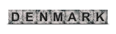 Danimarka, taş bloklardaki kelimeler. Beyaz arka planda izole edilmiş. Tasarım elemanı. İşaretler ve semboller. Ülkeler..
