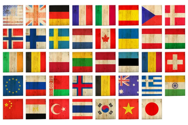 Set Bandiere Diversi Paesi Blocchi Legno Isolato Sfondo Bianco Segni — Foto Stock