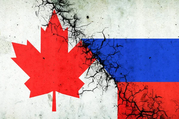 Gebarsten Vlaggen Van Rusland Canada Internationale Politieke Betrekkingen Conflict Politieke — Stockfoto