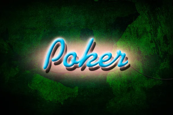 Poker Blauwe Neon Inscriptie Een Groene Oranje Achtergrond Pokeren Gokken — Stockfoto