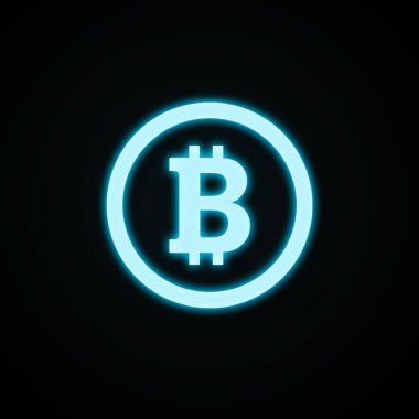 Bitcoin. Neon simgesi siyah bir arkaplanda izole edildi. İş için. Kripto para birimi. Tasarım elemanı. Arkaplan.
