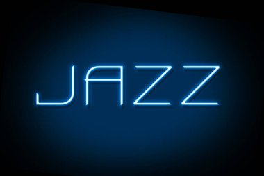 Caz. Neon yazıtlar siyah bir arkaplanda izole edilmiş. Müziği. Müzik tarzları. Koruyun. Tasarım elemanı. Arkaplan.