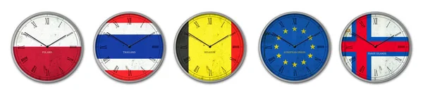 Set Wanduhr Der Farbe Polens Thailands Belgiens Der Europäischen Union — Stockfoto