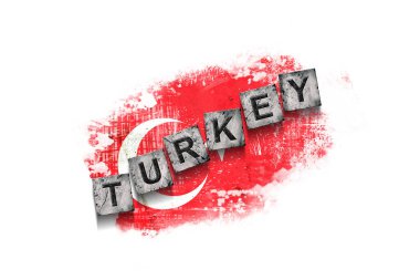Turkey, words on stone blocks, on grunge background of Turkey flag. Isolated on white background. Design element. Signs and symbols.Countries.