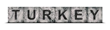 Turkey, word on stone blocks. Isolated on white background. Design element. Signs and symbols.Countries.