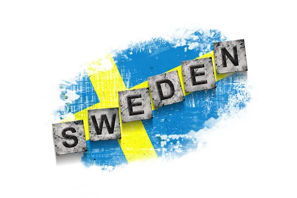 Sweden Words Stone Blocks Grunge Background Sweden Flag Isolated White — Stock Photo, Image