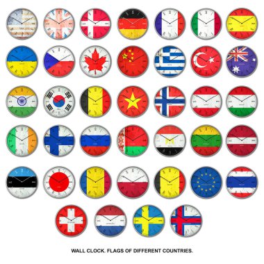 Set, farklı ülkelerin bayraklarının renginde duvar saati. İşaretler ve semboller. Beyaz bir arka planda izole edilmiş. Tasarım ögesi.