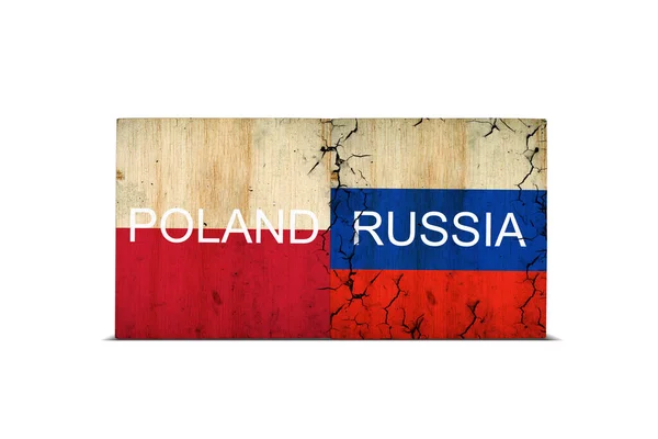 Flags Poland Russia Wooden Blocks Isolated White Background Conflict Poland — Zdjęcie stockowe