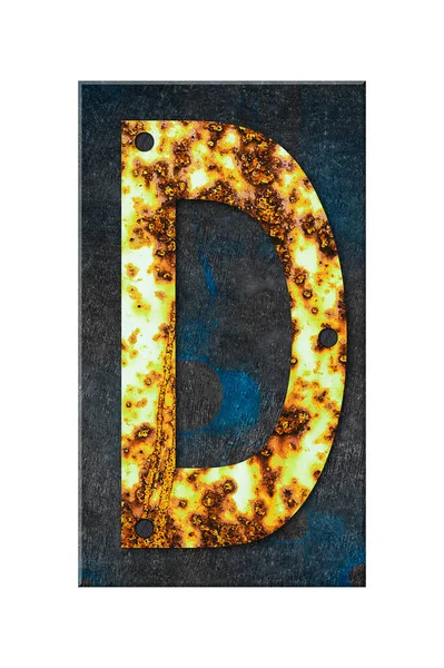 Letter D. Alphabet from letters, from rusty iron, on a wooden plank. Isolated on white background. Education. Design element.