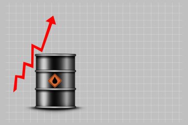 Concept of rising oil prices. Barrel of oil and a graph with an arrow up, on a gray background. World crisis. Business. Background.