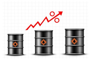 Concept of rising oil prices. Barrels of oil and a graph with an arrow up, on a white background. World crisis. Business. Background.