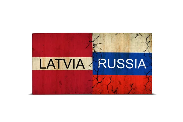 Flags Latvia Russia Wooden Blocks Isolated White Background Conflict Poland — Stock Photo, Image