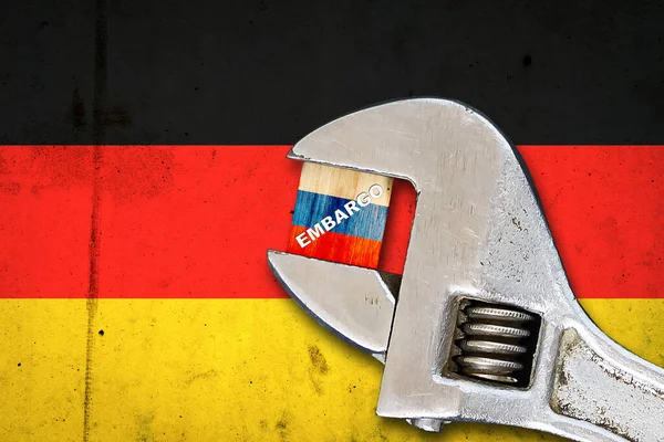 Embargo Wort Auf Einem Holzblock Den Farben Der Russischen Flagge — Stockfoto