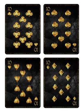 Bir dizi grunge, klasik kartlar. Sinek, Elmas, Maça ve Kupa 10 'lu, beyaz arka planda izole. Kağıt oynuyorum. Tasarım elemanı. Kumar..