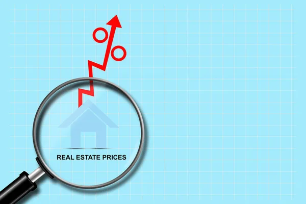 Concept of rising prices for real estate prices. Real estate prices. Growth chart. House Icon, and Red arrow with percent up.Magnifying glass.Blue background. Copy space. Business. Background.