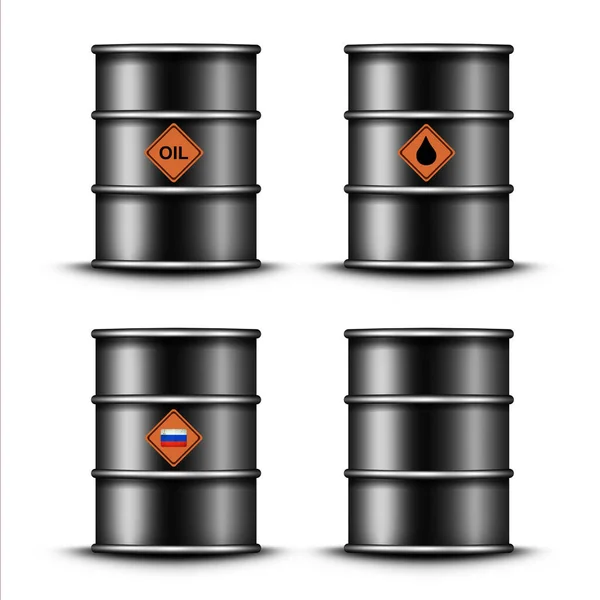 Barrels Oil Different Badges Flag Russia Isolated White Background Illustration — 图库照片