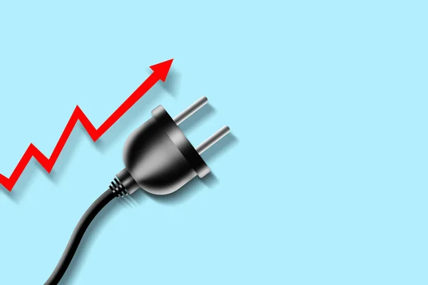 Concept Rising Electricity Prices Electric Plug Red Arrow Blue Background — 图库照片