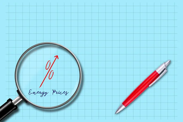 Concept of rising energy prices. Red arrow up, growth graph. Blue background. A pen.Magnifying glass. Copy space. World crisis. Inflation. Business. Background.